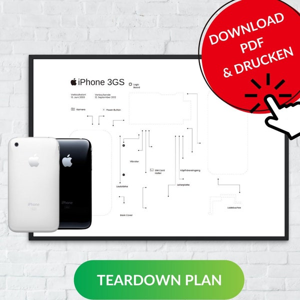 A4 allemand (29,7 x 21 cm) Plan de démontage Apple iPhone 3G, poster numérique de démontage pour Apple iPhone 3G – Décoration créative, cadeau