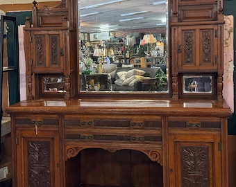Vintage Victorian Mirror Back Buffet. Large Carved Sideboard. Ornate Cabinet.