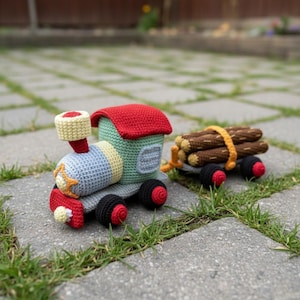 May include: A crocheted toy train engine with a red roof, light blue boiler, and pale yellow smokestack, attached to a flatbed trailer carrying three brown crocheted logs secured with a yellow strap. The train features black wheels with red centers.