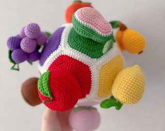 Padrão de crochê para bola de frutas educativas para bebês, 12 frutas tropicais em amigurumi, presente, brinquedo para abraçar, brinquedo de pelúcia.