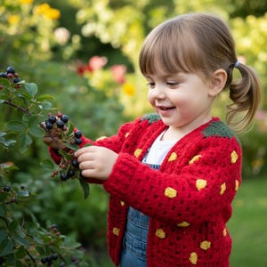 May include: A red crocheted cardigan featuring a strawberry-inspired design with yellow seed-like accents and green detailing at the shoulders, worn over a white shirt and blue denim overalls while reaching toward a bush of dark berries.