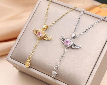 Crystal Heart Angel Wings Necklace Clavicle Chain Women Jewellery - Best Gift For Valentine's Day