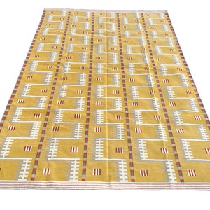 Mustard Geometric Handmade Cotton Area Flat Weave Rug. Natural Vegetable Dyed. Indian Dhurrie, Kilim Rug, Wall Tapestry