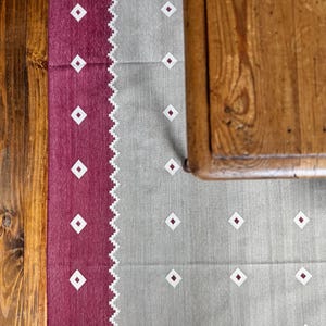 Coal and Crimson Cotton Area Flat Weave Rug. Natural Vegetable Dyed. Indian Dhurrie, Kilim