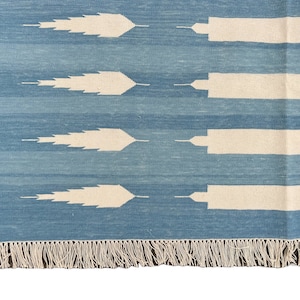 Modern Handmade Cotton Area Flat Weave Rug, Natural Vegetable Dyed, Blue Striped Indian Dhurrie, Kilim Striped, Wall Tapestry
