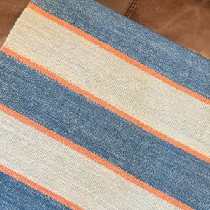 Bluebell Handmade Cotton Area Flat Weave Rug, Natural Vegetable Dyed, Blue Striped Indian Dhurrie, Kilim Striped, Wall Tapestry
