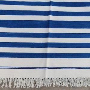 Blue Striped Seaside Indian Dhurrie with fringe