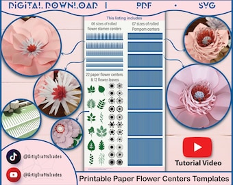 Paper Flower Centers SVG, PDF, PomPom Paper Flower Centers, Rolled fringe stamen paper flower centers SVG files, fluffy loopy flower center