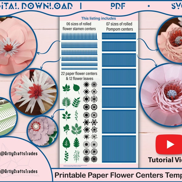 Paper Flower Centers SVG, PDF, PomPom Paper Flower Centers, Rolled fringe stamen paper flower centers SVG files, fluffy loopy flower center