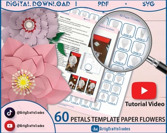 60 Plantillas de PÉTALOS de flores de papel imprimibles en PDF, plantillas de flores de papel grandes diy, plantillas de flores de impresión-corte-trazado, Centros de flores de papel SVG