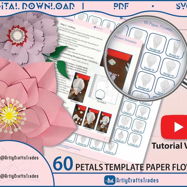 60 PDF Printable Paper Flower PETAL Templates, diy large Paper Flower Templates, print-cut-trace flower templates, Paper flower Centres SVG