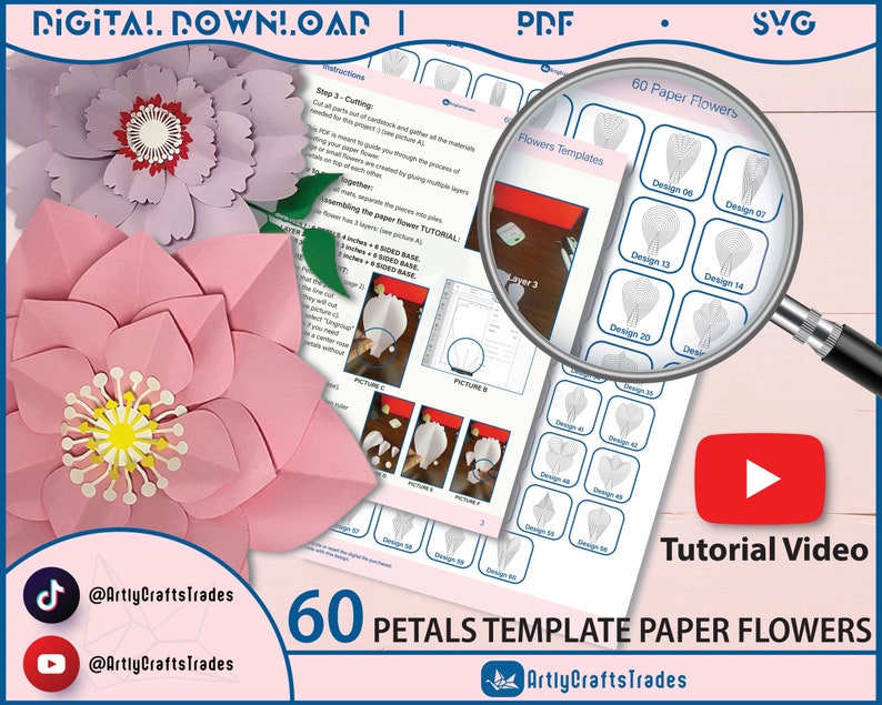 60 PDF Printable Paper Flower PETAL Templates, diy large Paper Flower Templates, print-cut-trace flower templates, Paper flower Centres SVG zdjęcie 1