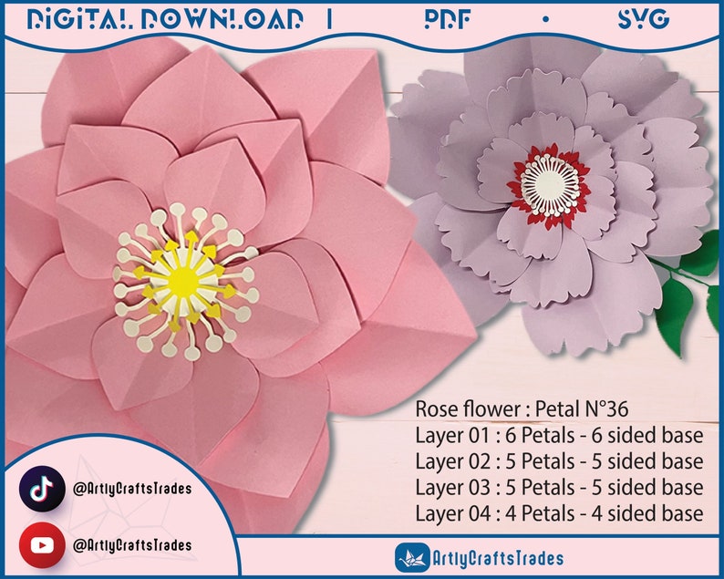 60 PDF Printable Paper Flower PETAL Templates, diy large Paper Flower Templates, print-cut-trace flower templates, Paper flower Centres SVG zdjęcie 3