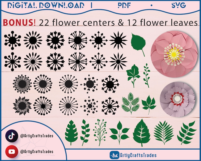60 PDF Printable Paper Flower PETAL Templates, diy large Paper Flower Templates, print-cut-trace flower templates, Paper flower Centres SVG zdjęcie 5