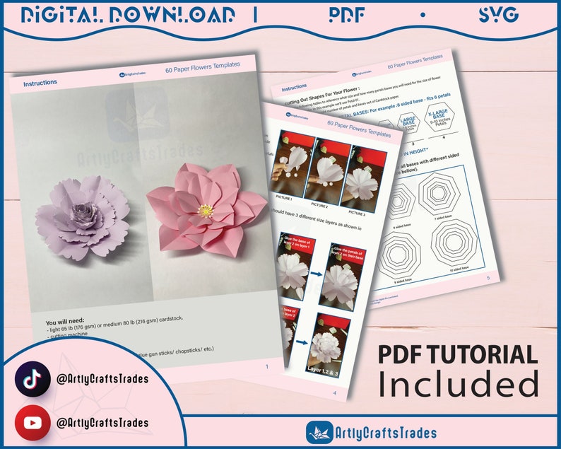 60 PDF Printable Paper Flower PETAL Templates, diy large Paper Flower Templates, print-cut-trace flower templates, Paper flower Centres SVG zdjęcie 4