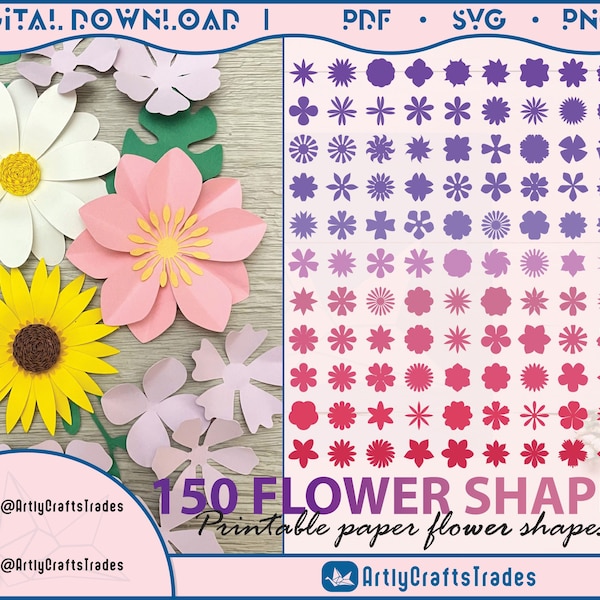 150 formas de flores SVG, flor de papel SVG, paquete de flores y hojas de papel, svg de flores 3d, plantilla de flores SVG, flores vectoriales, silueta