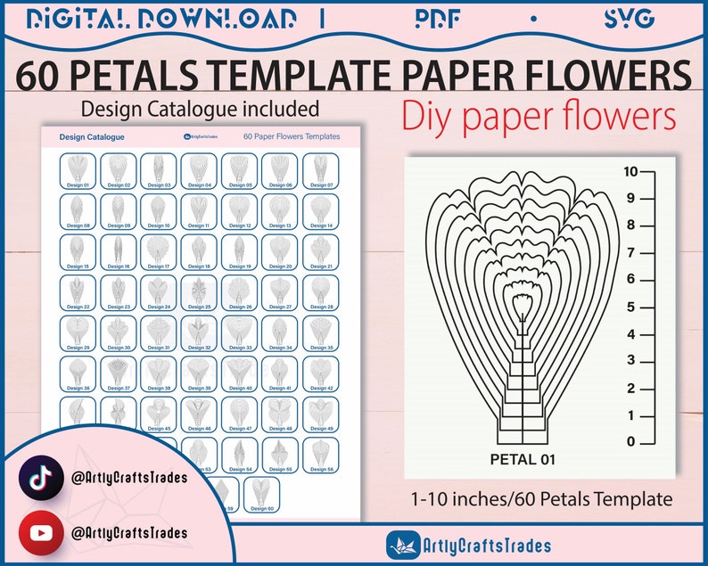 60 PDF Printable Paper Flower PETAL Templates, diy large Paper Flower Templates, print-cut-trace flower templates, Paper flower Centres SVG zdjęcie 2