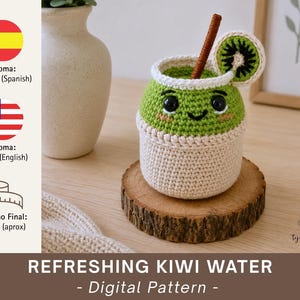 May include: A crocheted kiwi drink with a brown straw and a kiwi slice garnish. The drink is green and white, with a smiling face. The finished size is approximately 4 inches.