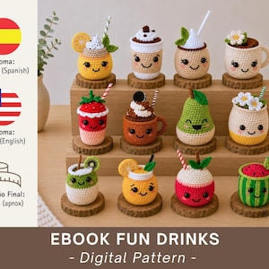 Könnte beinhalten: Eine Sammlung von gehäkelten Amigurumi-Getränken, darunter ein Zitronengetränk, ein Erdbeergetränk und Kaffee, jeweils mit einem lächelnden Gesicht. Der Text "EBOOK FUN DRINKS - Digital Pattern" ist sichtbar. Die Größe beträgt ca. 10 cm.