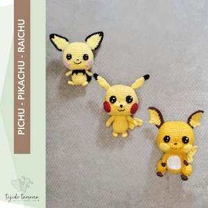 May include: Three crocheted Pokemon characters: Pichu, Pikachu, and Raichu. The characters are yellow with black and red details. The background is a light gray.