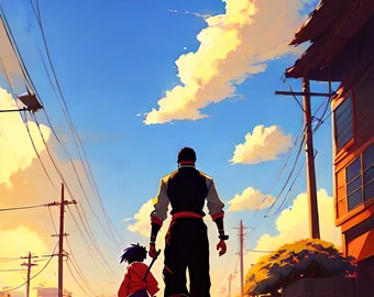 Könnte beinhalten: Eine Silhouette eines Mannes und eines Kindes, die eine Straße entlanggehen. Der Mann trägt eine dunkle Jacke und Hose, das Kind ein rot-schwarzes Kleid. Der Himmel ist blau und im Hintergrund sind Wolken zu sehen.