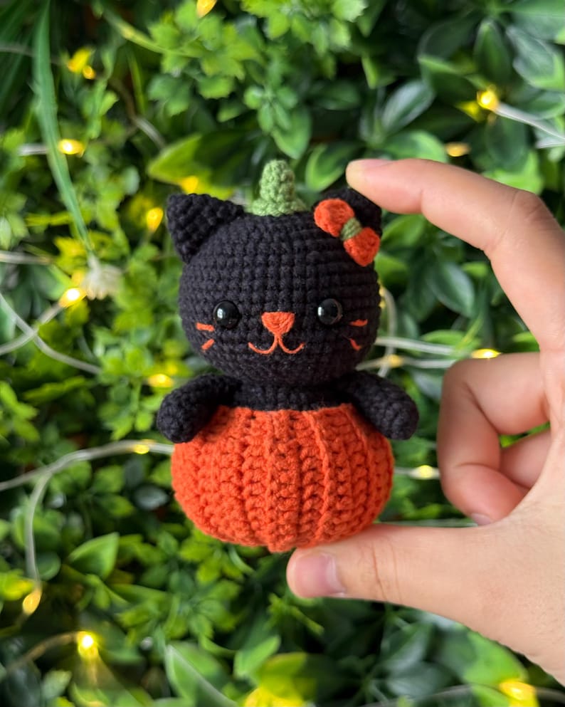 May include: A handmade crochet black cat with an orange pumpkin body. The cat has a green stem, orange bow, and a smiling orange mouth. The cat is held in front of a green leafy background.
