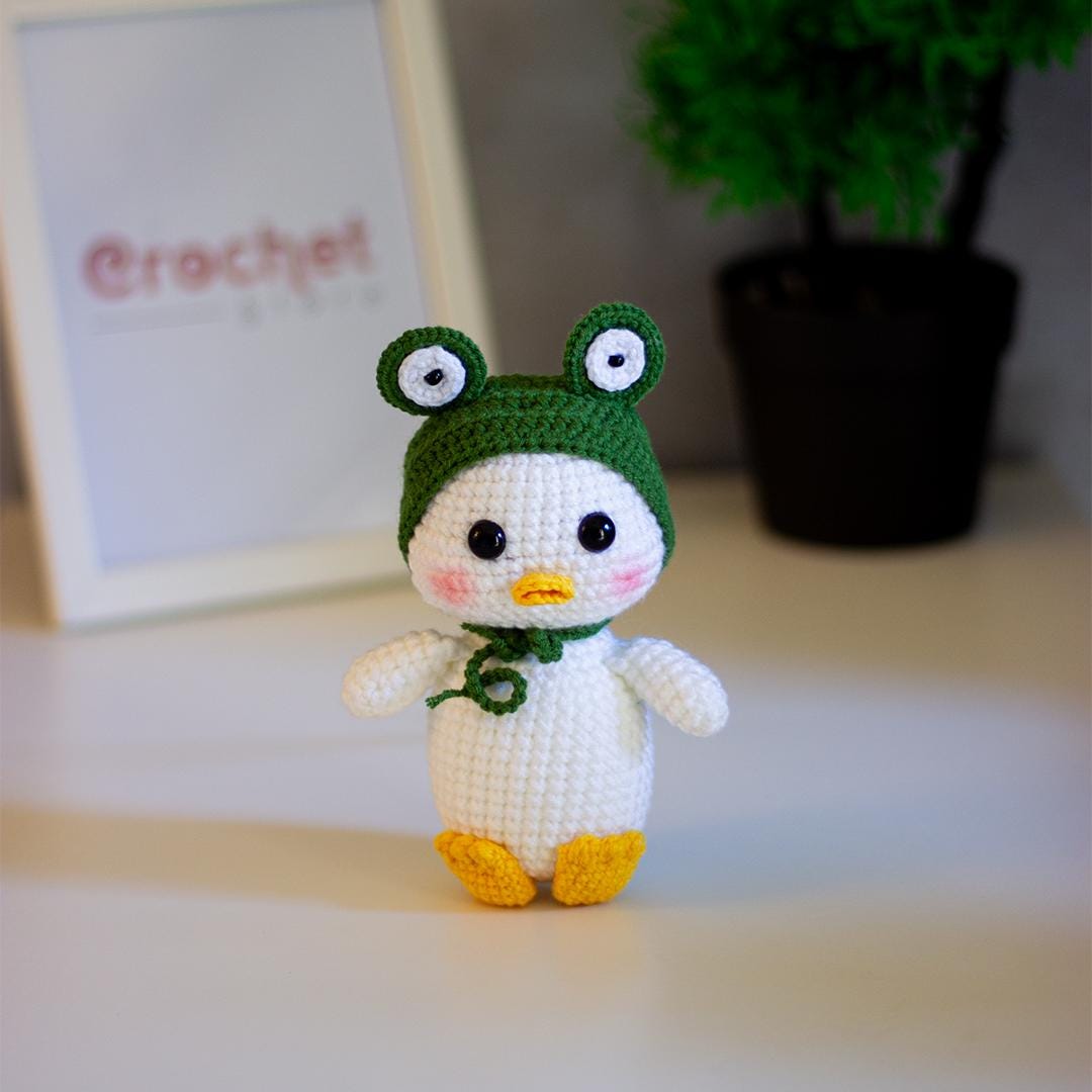 Handmade Crochet Duck Toy with Frog Hat main image 0