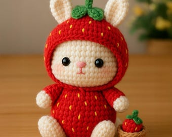 Strawberry Bunny Crochet Pattern – Amigurumi PDF, Beginner Friendly – Cute Bunny in Fruit Costume (12cm)