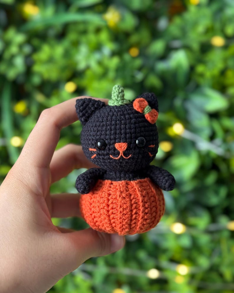 May include: A handmade crochet black cat in an orange pumpkin costume. The cat has a green stem, orange bow, and embroidered facial features. The Halloween-themed decoration is held against a blurred green background.