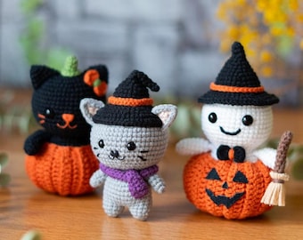 Patrón de ganchillo de Halloween en PDF – Amigurumi espeluznante 3 en 1: Gato Bruja, Gato Calabaza y Fantasma – Decoración otoñal adorable (descarga digital)