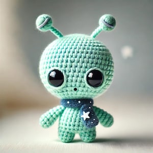 May include: A crocheted green alien toy with large black eyes and a blue and white scarf. The alien has two antennas on top of its head.