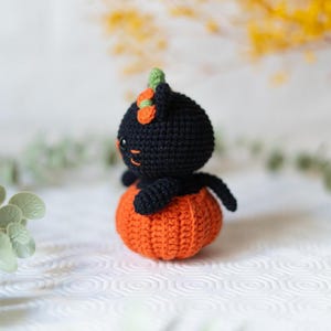 May include: A handmade crochet black cat wearing an orange pumpkin costume. The cat has orange accents on its head and is sitting inside the pumpkin. The cat has a green stem on its head. The background is blurred with yellow and green foliage.