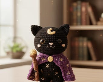 Black Cat Wizard Crochet Pattern – Amigurumi Magic Kitty PDF Tutorial – 11cm Doll – Instant Download