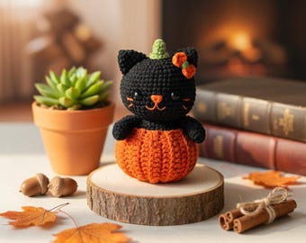 Halloween Black Cat Crochet Pattern – Amigurumi PDF Tutorial – 11cm Pumpkin Cat – Instant Download