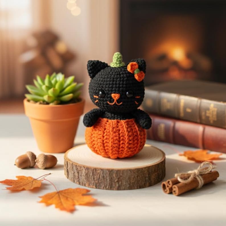 May include: A handmade black cat amigurumi wearing a green hat and orange bow, sitting inside an orange pumpkin. The cat is on a wooden slice, with a small succulent in a terracotta pot and fall leaves nearby. A cozy Halloween decoration.