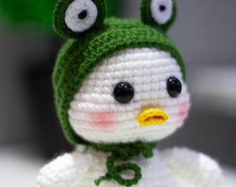Crochet Duck in Frog Hat Pattern: Amigurumi Animal Toy (PDF Tutorial)