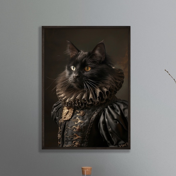 Victorian Animal Portrait | Dressed Animal Prints | Renaissance Cat Print | Black Cat Art Print | Renaissance Animal Print | Dark Academia