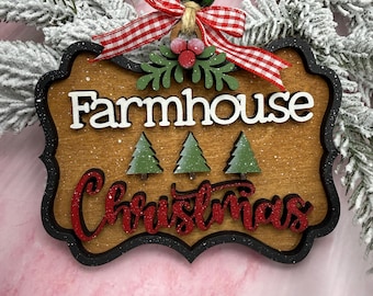 Handmade Farmhouse Christmas Ornament, Rustic Wood, Gingham Bow