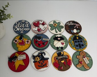 Set of 12 Hand-Painted Wooden Seasonal Inserts – 3-Inch Rounds for Home Decor Sign