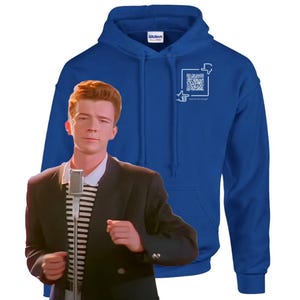 May include: A royal blue hoodie with a white outline of a QR code and the text "Scan me for a surprise".