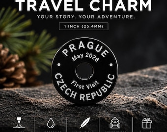 Custom Black Aluminum Travel Charm | Personalized Engraved Travel Keepsake | 3/4" & 1" | Commemorate Adventures with Two Lines of Text
