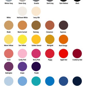 May include: A color chart titled "Paint Color Options" displays a variety of paint colors. The chart includes shades of gray, white, beige, yellow, orange, pink, red, purple, blue, and green. Each color is represented by a circular swatch with its name below.