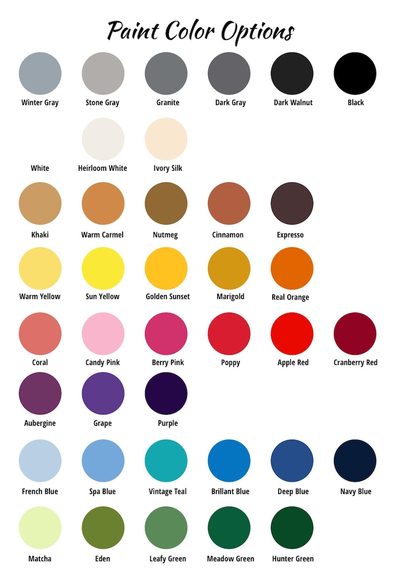 May include: A color chart titled "Paint Color Options" displays a variety of paint colors. The chart includes shades of gray, white, beige, yellow, orange, pink, red, purple, blue, and green. Each color is represented by a circular swatch with its name below.