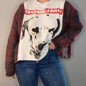 May include: White t-shirt with the word "SUBLIME" in red and a black and white dalmatian dog graphic. The shirt is paired with a red and black plaid jacket and blue jeans.