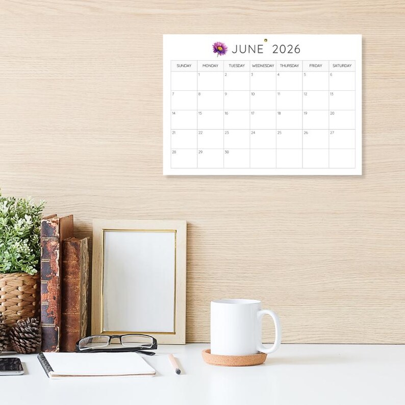 2026 Printable Monthly Calendar, Floral Printable Calendar, Sunday or ...