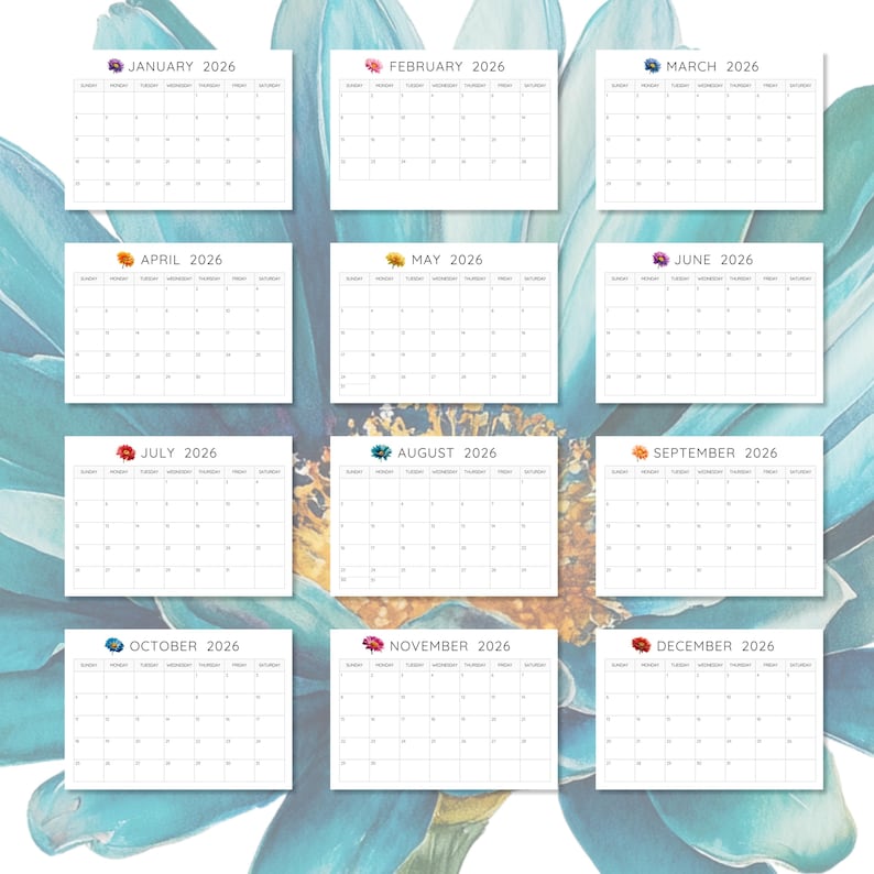 2026 Printable Monthly Calendar, Floral Printable Calendar, Sunday or ...