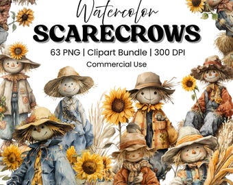 Watercolor Scarecrow Clipart Bundle PNG Fall Images, Cute Scarecrow Graphics, Autumn Farmhouse  Harvest Clipart, 300 DPI Commercial License
