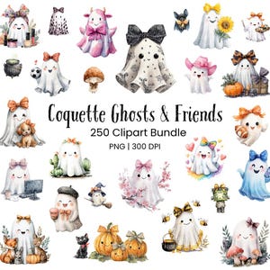 May include: A collection of watercolor clipart featuring cute ghosts and friends. The image includes various ghosts with bows, hats, and accessories, along with pumpkins, animals, and flowers. Text reads "Coquette Ghosts & Friends 250 Clipart Bundle PNG | 300 DPI."