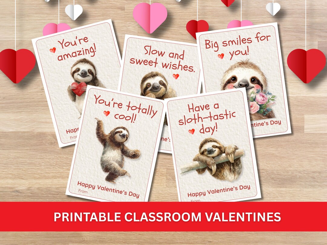 Sloth Valentine's Cards Printable, 24 Classroom Valentines for Kids ...