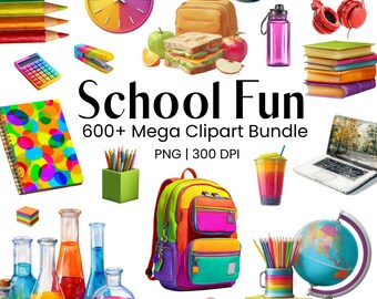 School Fun Mega Clipart PNGs Colorful Classroom Graphics, Teacher Tools, Student Life, Digital Download, Commercial License Use, 300 DPI